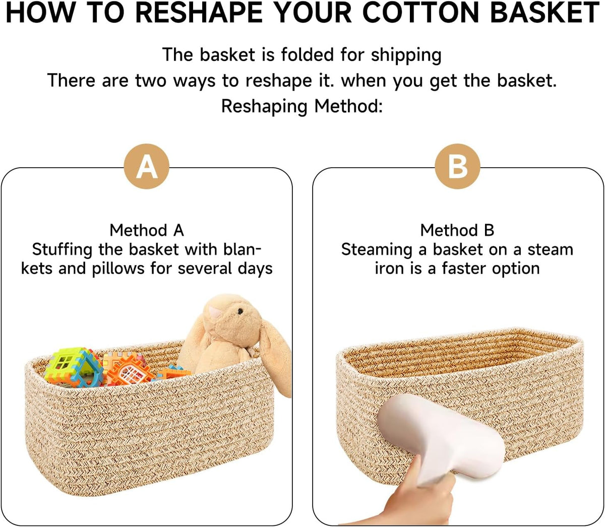 MiniArk Small Storage Baskets for Organizing | Closet Organizer Bins | Shelf Toy Basket | Woven Rope Baskets | Cube Decorative Box | Shallow Basket | 13x8.5x5.1” | 3 Packs White Pink