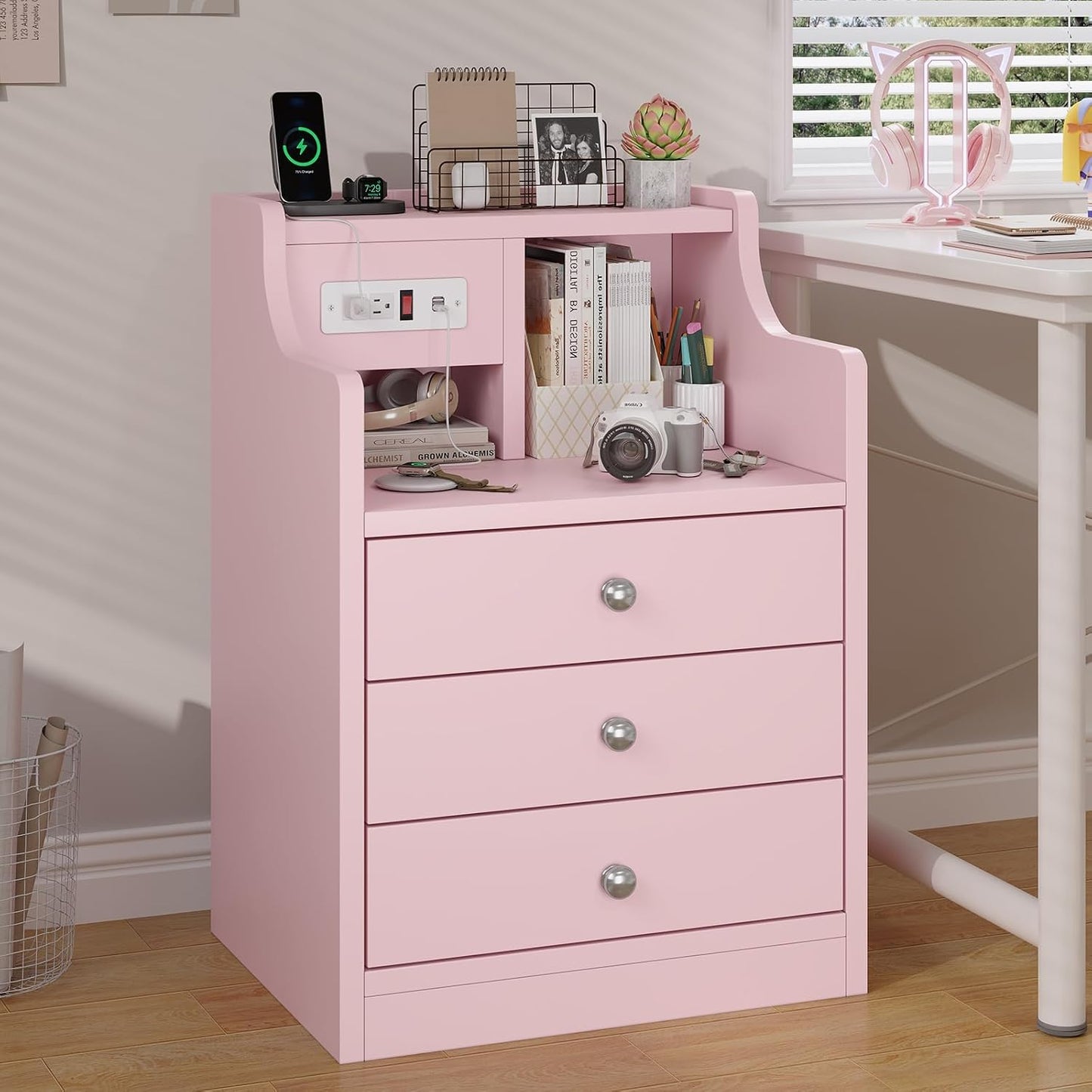Nightstand with Charging Station, Pink Night Stands with Hutch, 3 Drawers Bedroom End Table Bedside Table with 2 USB Ports & 2 Outlets