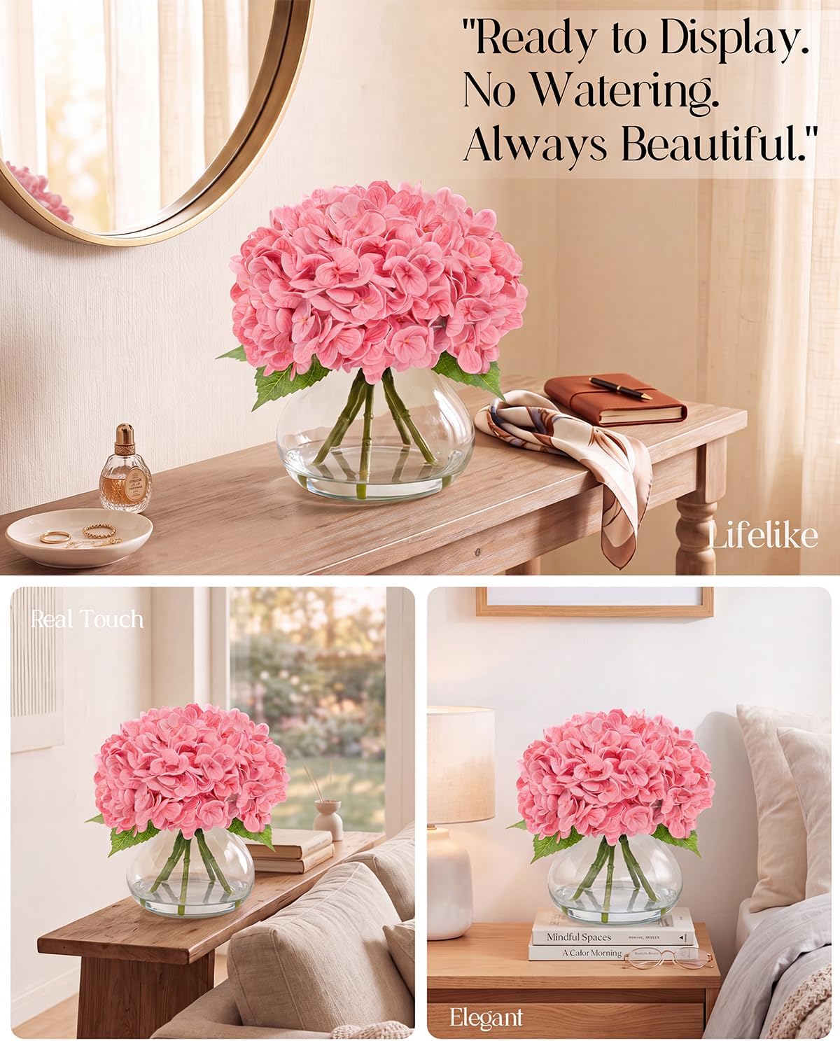 Hydrangea Artificial Flowers with Vase, Real Touch Latex, Pink