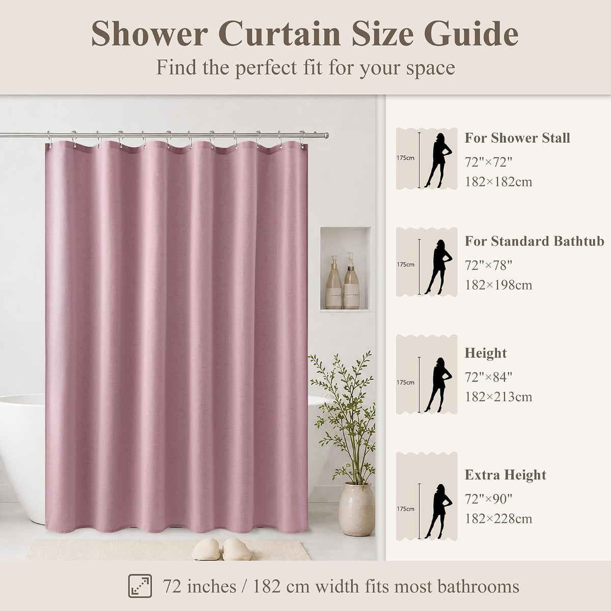Blush Pink Linen Fabric Shower Curtains for Bathroom, 72x72