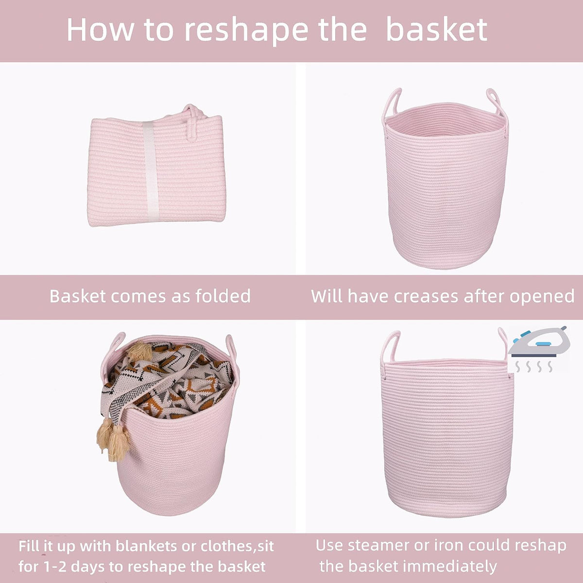 Cotton Rope Laundry Basket Hamper for Clothes Large Light Pink