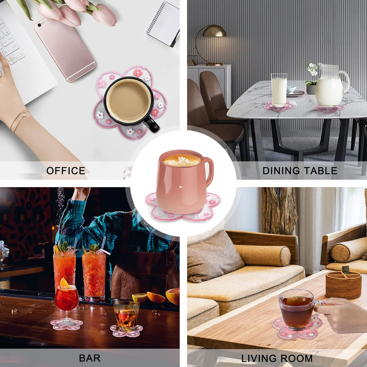 Silicone Coasters for Drinks,6 Pcs Non-Slip Washable Flower Coaster (Flower Pink)