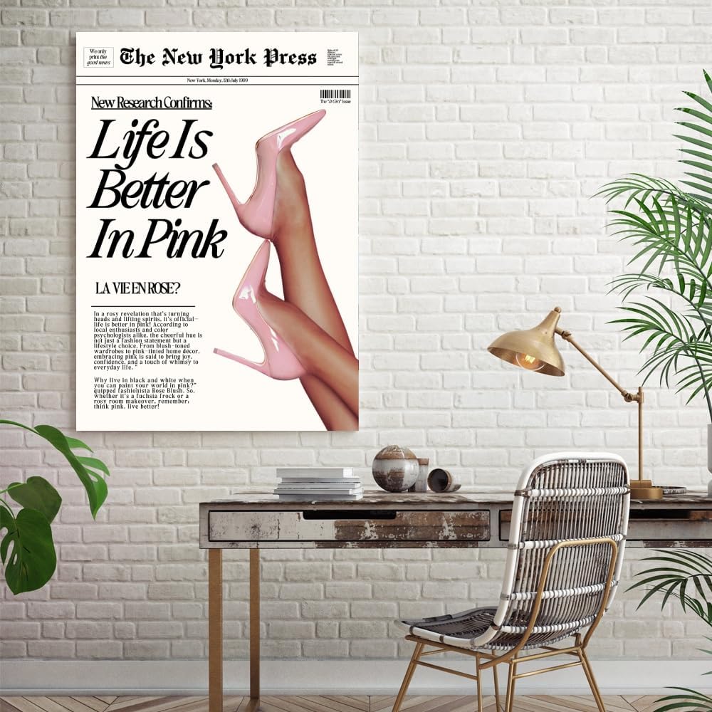 Trendy Baby Pink Hot Girl Poster Life Is Better In Pink Newspaper Wall Art Retro High Heel Picture 70s News Headline Canvas Prints Aesthetic Decor for Girly Bedroom Dorm 8x12inch Unframed