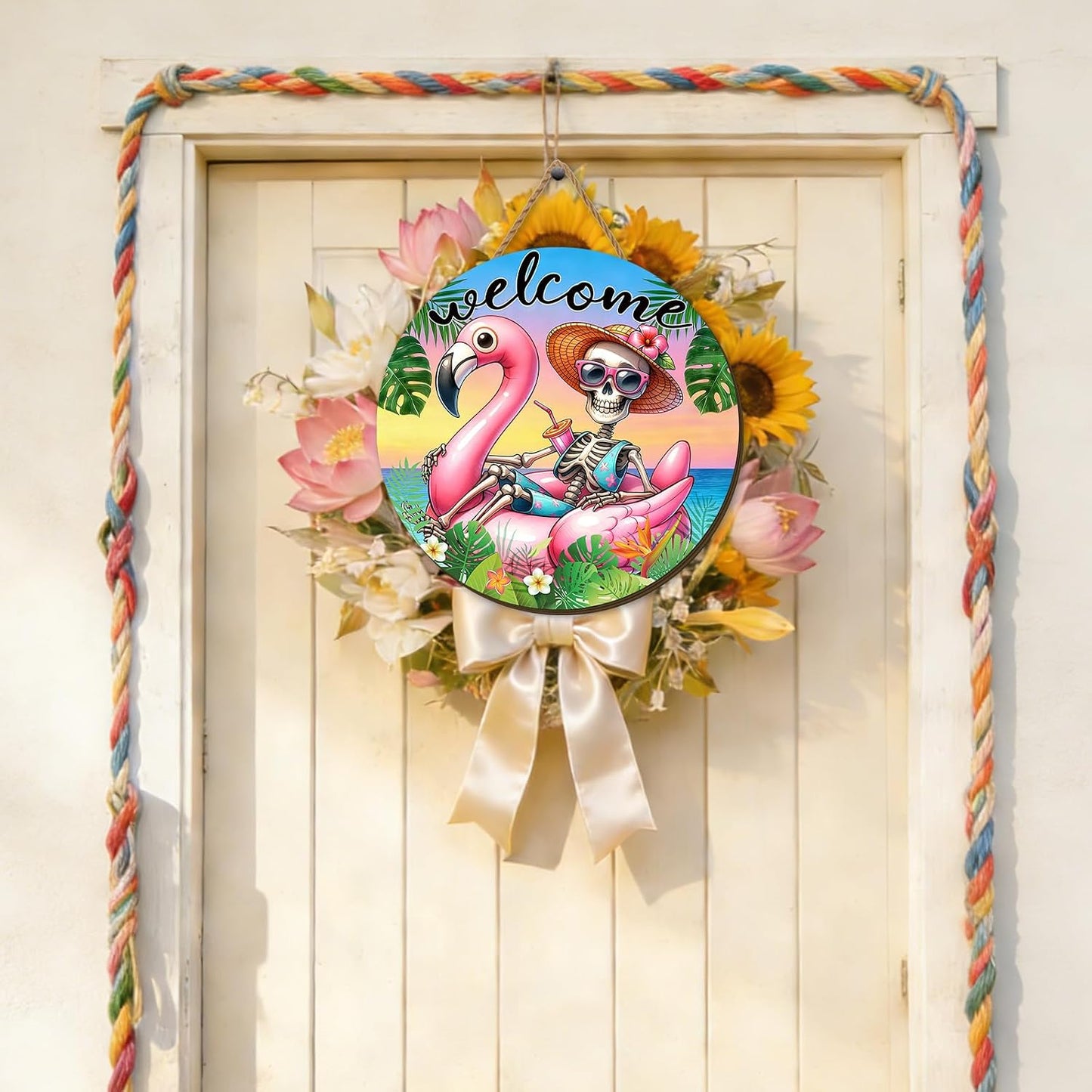 Summerween Wooden Wreaths for Front Door Pink Plaid Summer Halloween Welcome Sign Halloween in Summer Decor Summerween Decorations for Home Party