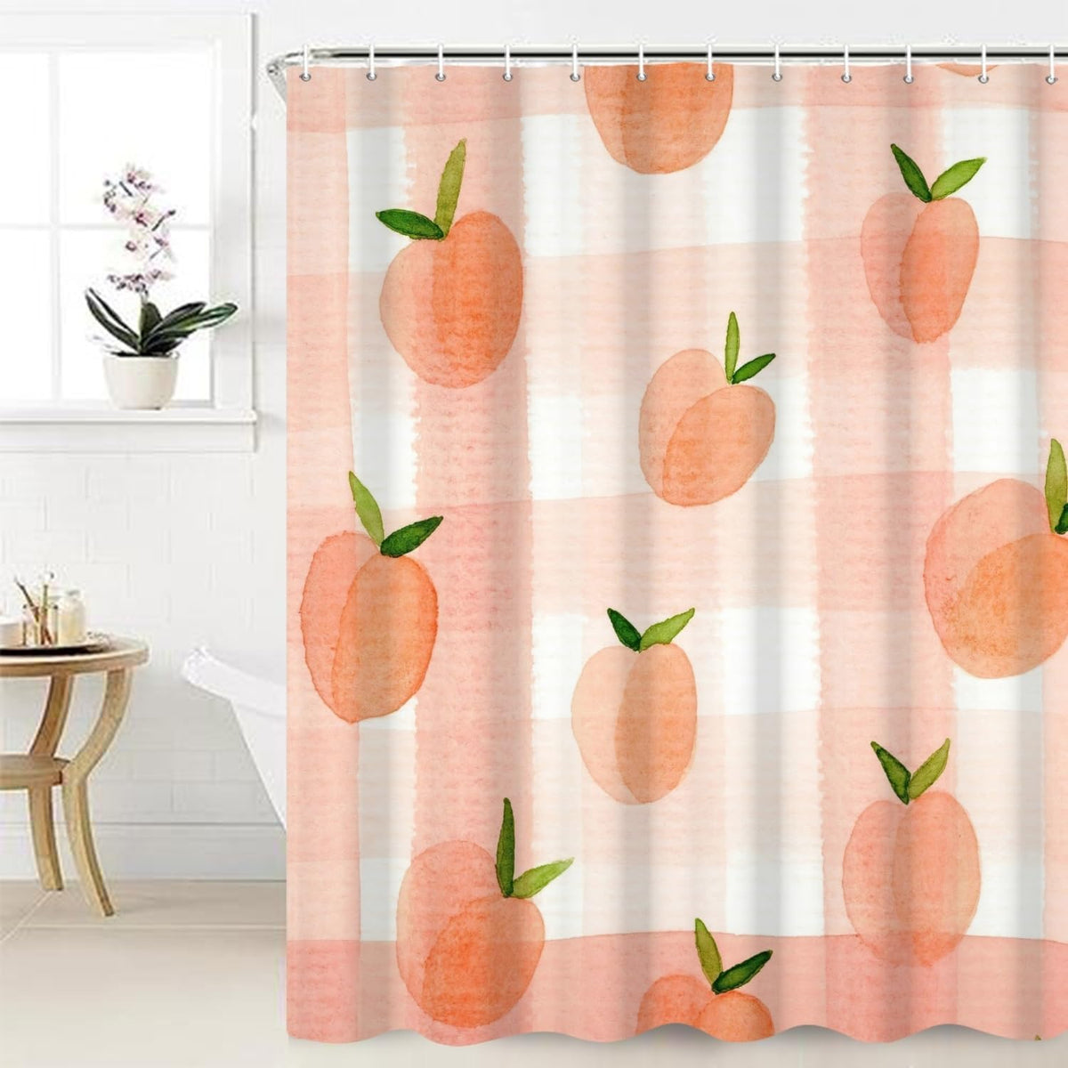 Pink Peach Shower Curtain, 72x72 Inch, Fruits Pattern, Waterproof, Polyester, For Girly Bathroom, Comes with 12 Hooks