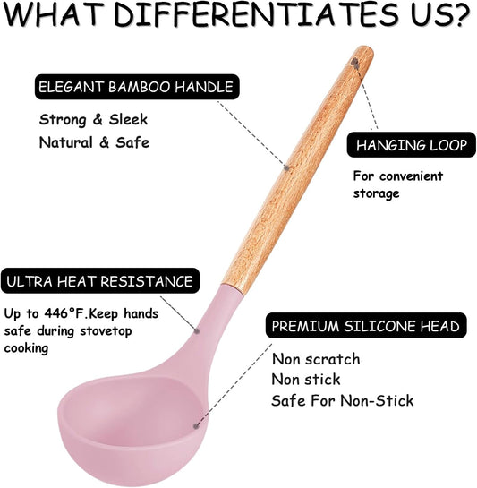 Silicone Cooking Kitchen Utensils Set, Wooden Handle, Pinky