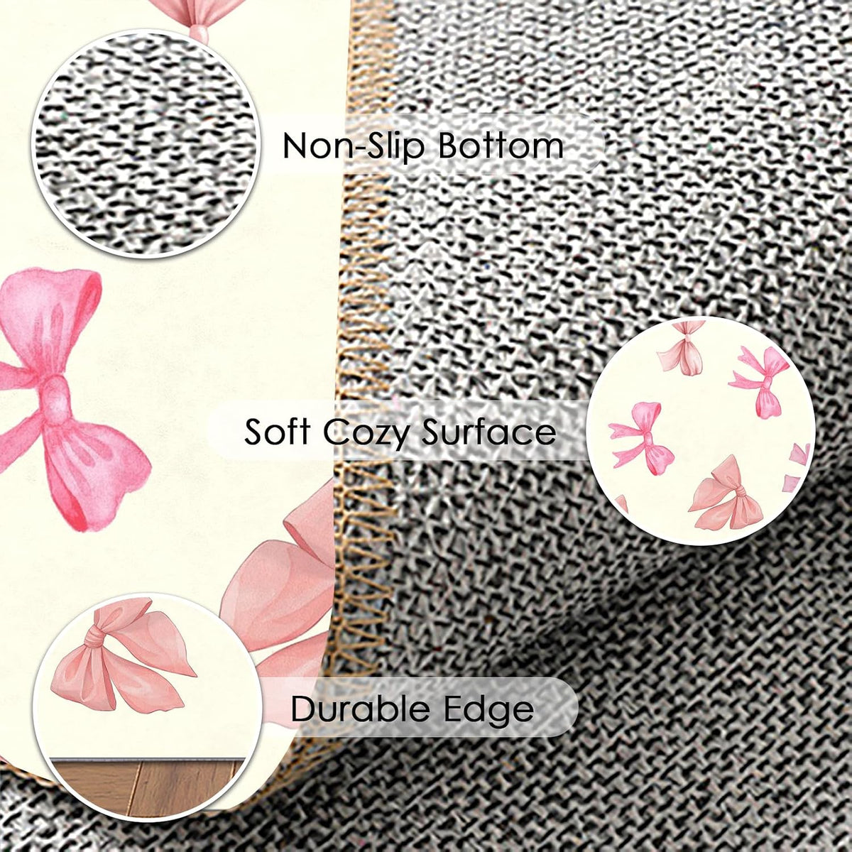 Bow Pattern Area Rug for Girl Bedroom Living Room, Washable Soft Round Artificial Wool Kids Pink Beige Carpet for Entryway Living Room Laundry, 3'Round