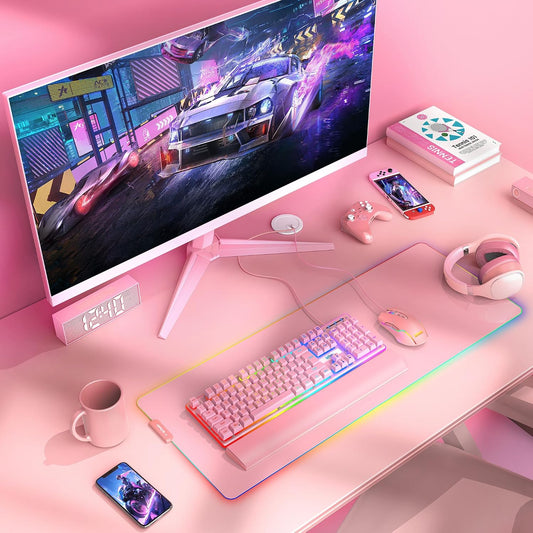 K10 Wired Gaming Keyboard and Mouse and Wrist Rest Combo, RGB Backlit, Mechanical Feel Anti-ghosting Keyboard + 7D 7200 DPI Mice+Soft Leather Wrist Rest 3 in 1 PC Gamer Accessories(Pink)