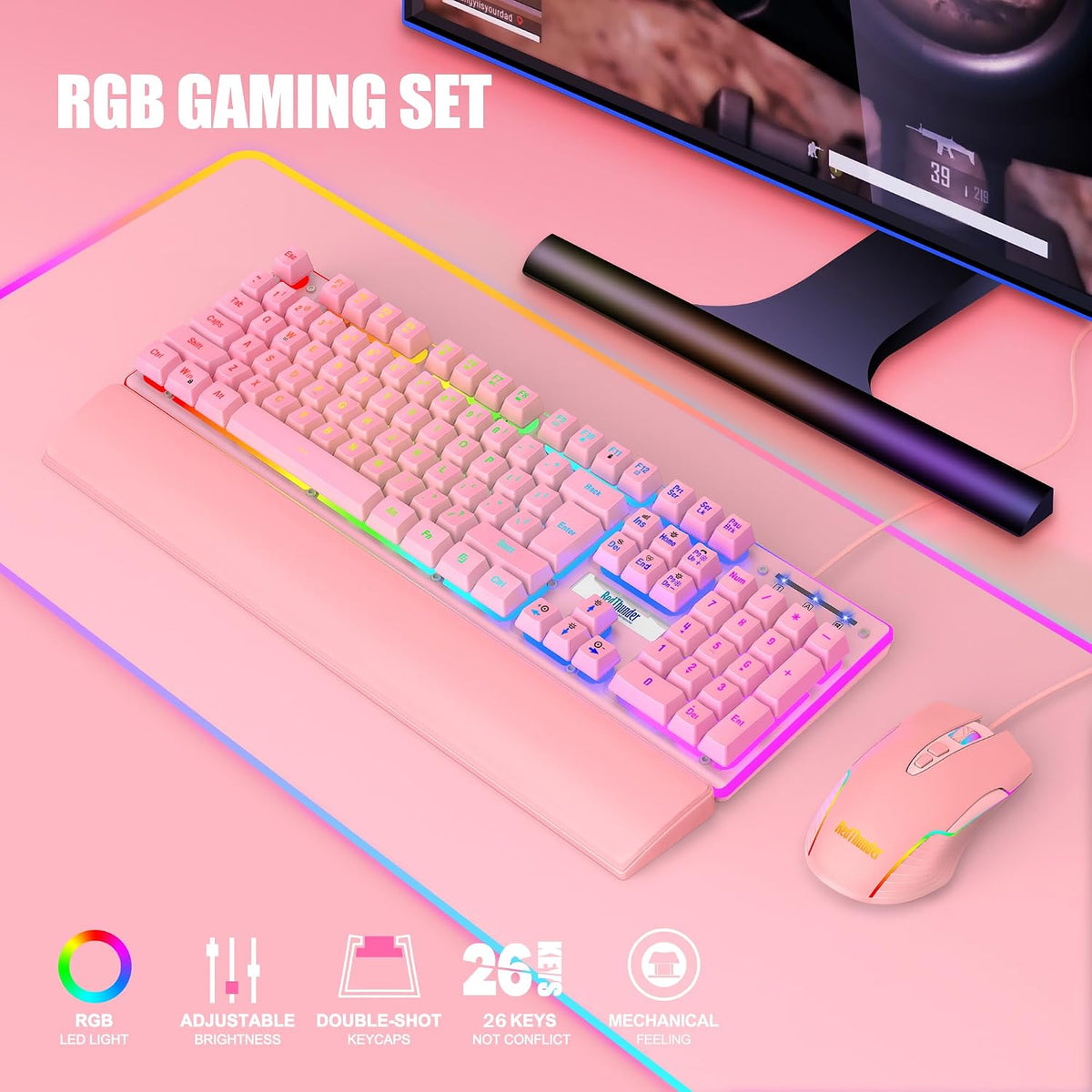 K10 Wired Gaming Keyboard and Mouse and Wrist Rest Combo, RGB Backlit, Mechanical Feel Anti-ghosting Keyboard + 7D 7200 DPI Mice+Soft Leather Wrist Rest 3 in 1 PC Gamer Accessories(Pink)