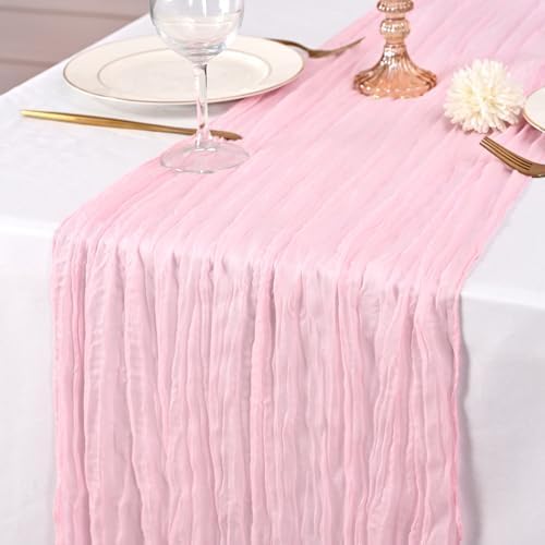 12 Pack Pink Table Runner 10Ft Cheesecloth Table Runner Rustic Gauze Table Runners Romantic Long Sheer Fabric Cheese Cloth Table Runners for Wedding Party Bridal Baby Shower(Light Pink)