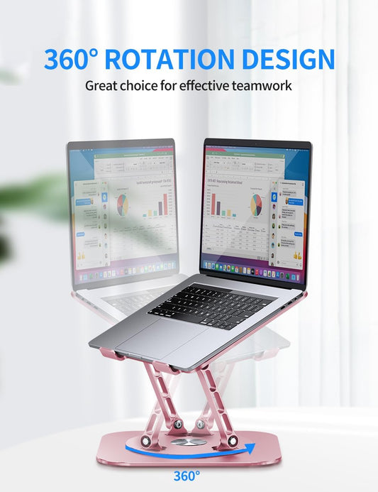 Adjustable Laptop Stand with 360 Rotating Base, Computer Stand for Laptop Ergonimic Foldable Laptop Riser for Desk Compatible with MacBook Pro/Air Notebook up to 16 Inches,Pink