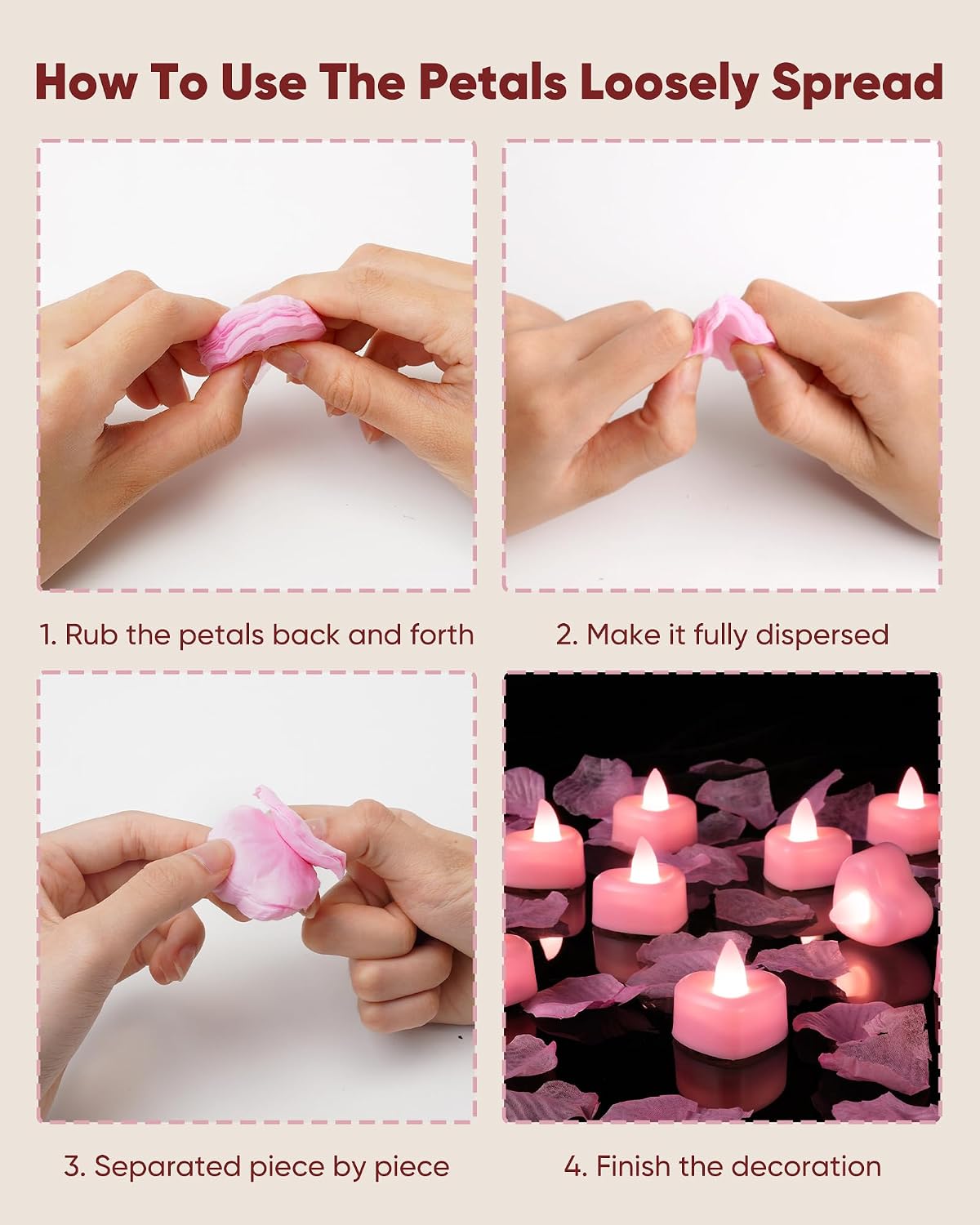 2000 Pieces Pink Artificial Rose Petals with 24 Pink Heart LED Tea Lights, Rose Petals and Candles Set for Proposal, Anniversary, Romantic Night, Wedding Decor