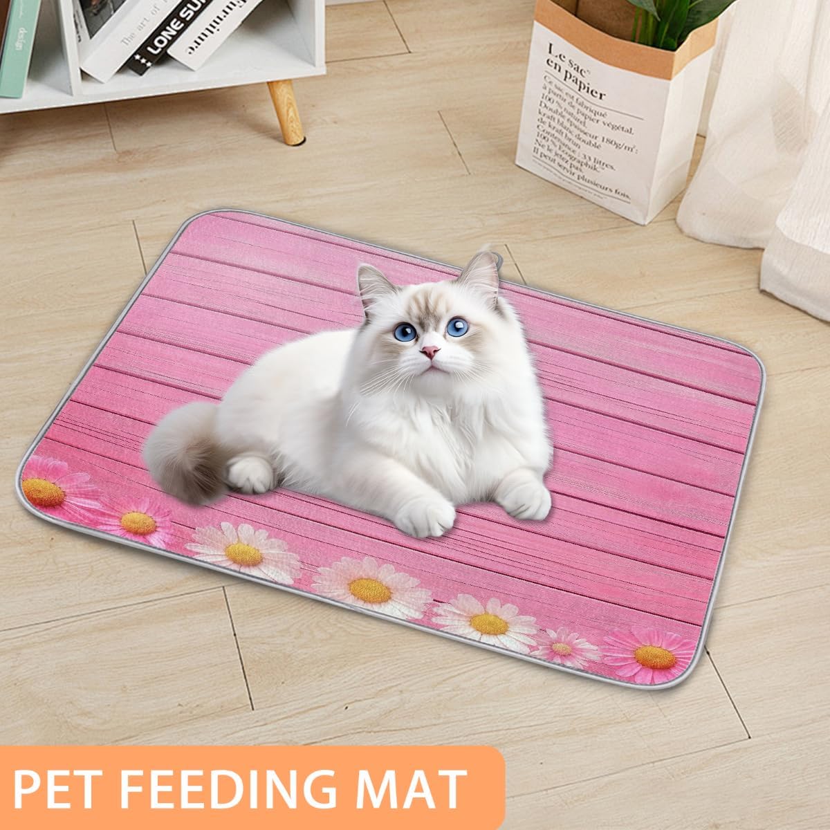 Polyester Absorbent Large Dish Drying Mat - 18x24 Inch Quick Dry Kitchen Counter Protector for Dishes & Utensils, Daisies Pink Wood Border