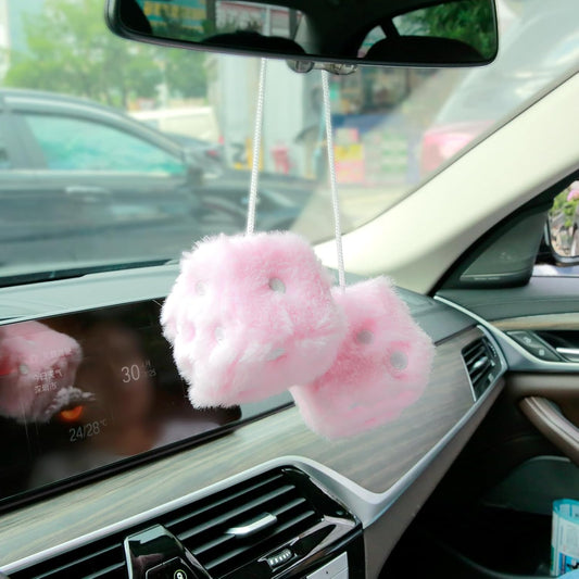 Pink Fuzzy Dice for Car Rear View Mirror, Pair of 2.75" Plush Dice Retro Hanging Ornaments Car Interior Rearview Mirror Decor Accessories (Soft Pink with Embroidered Dots)