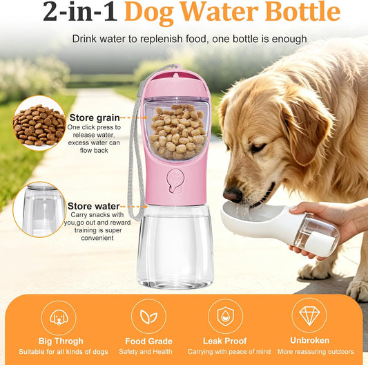 Portable Dog Water Bottle with Food Container, Pink, 12oz