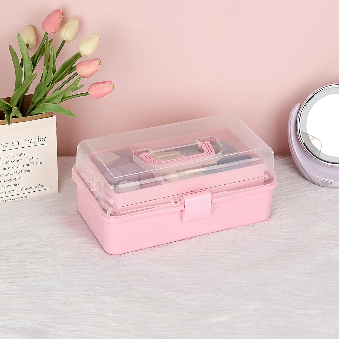 3-Layer Plastic Dividing Storage Box Craft Organizer and Storage with Adjustable Spacers Portable Handled Art Supply Organizer Multipurpose Home Utility Box Organizer (Pink)