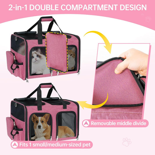 Cat Carrier for 2 Cats - Double Pet Carrier Extra Large, Dual Cabin Multi Cat Travel Carrier with Removable Divider, Collapsible, Can Hold 20 30 40 lbs for Two Small Kitten, Medium Dog Pink