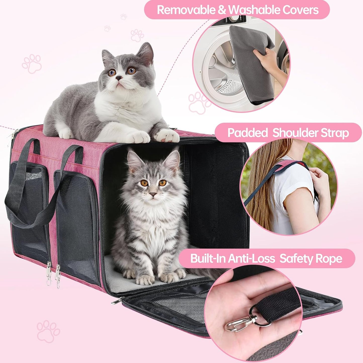 Cat Carrier for 2 Cats - Double Pet Carrier Extra Large, Dual Cabin Multi Cat Travel Carrier with Removable Divider, Collapsible, Can Hold 20 30 40 lbs for Two Small Kitten, Medium Dog Pink
