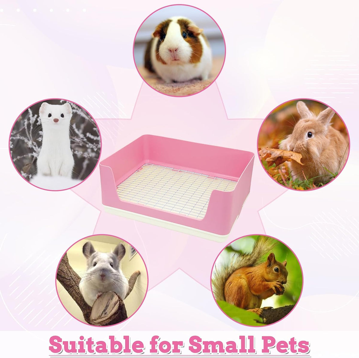 Large Rabbit Litter Box for Cage, Plastic Guinea Pig Litter Pan with 6 PCS Disposable Pee Pads Potty Trainer Corner Toilet Box for Bunny Guinea Pigs Ferrets Chinchillas Small Animals (Pink)