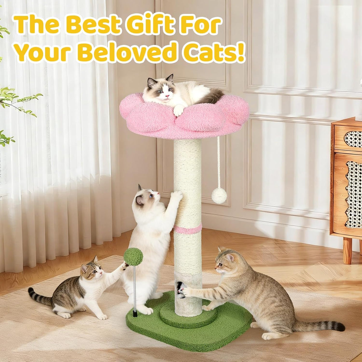 Tall Cat Scratching Post for Indoor Cats,Sisal Scratching Post(Pink Flower)