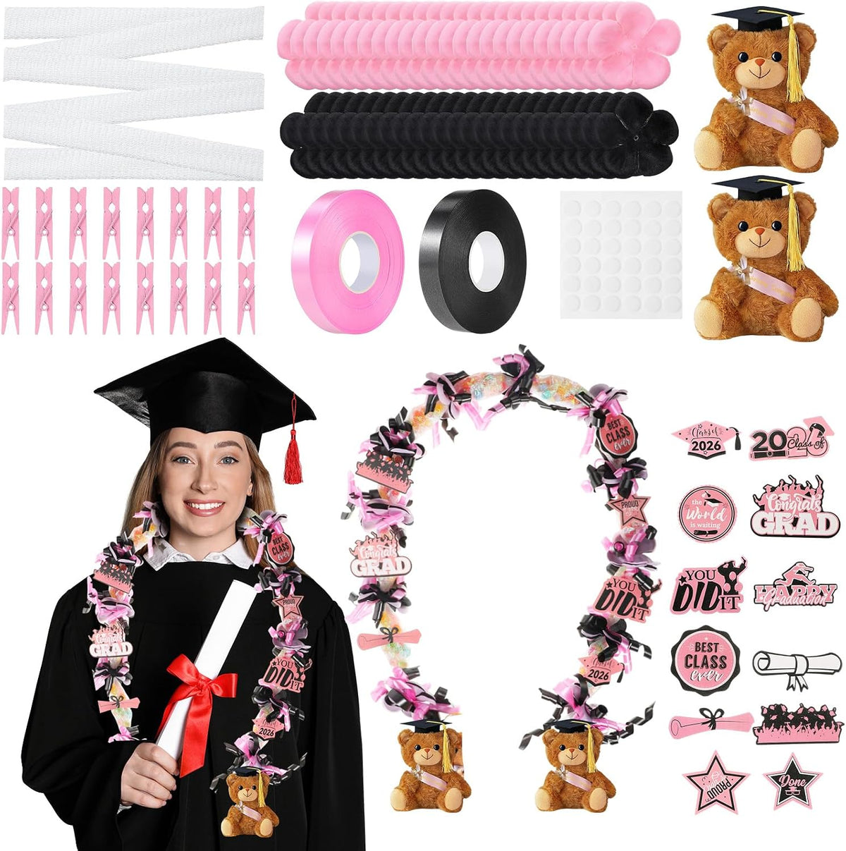 82 Pcs 2026 Graduation Candy Leis Making Kit DIY Netting Tubing Stuffed Plush Bear Ribbon Grad Glitter Card Candy Lei for Graduation Congrats Party Supplies(Light Pink,Black)