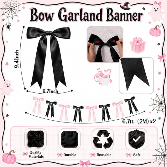 Pink Halloween Bow Garland, Pink and Black Bow Decorations, Halloween Decor