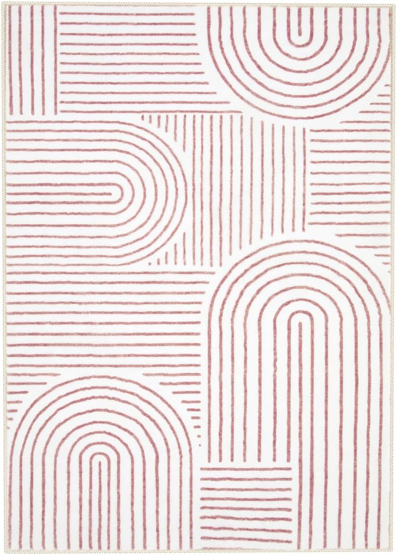 Abstract Pink and White Rugs for Bedroom Girls, Soft Washable Rugs