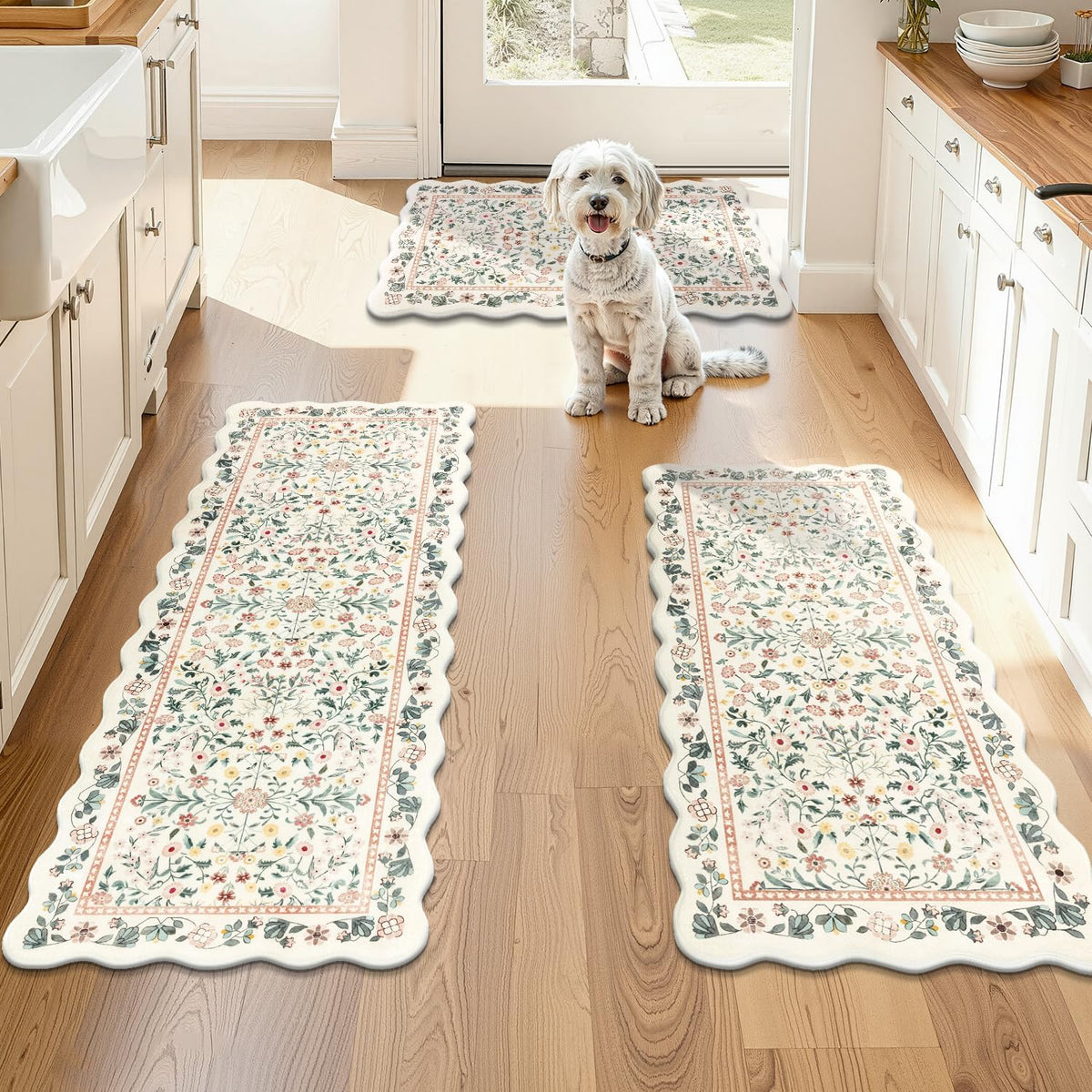 Boho Anti Fatigue Kitchen Rug Set of 3 Scalloped Beige & Pink