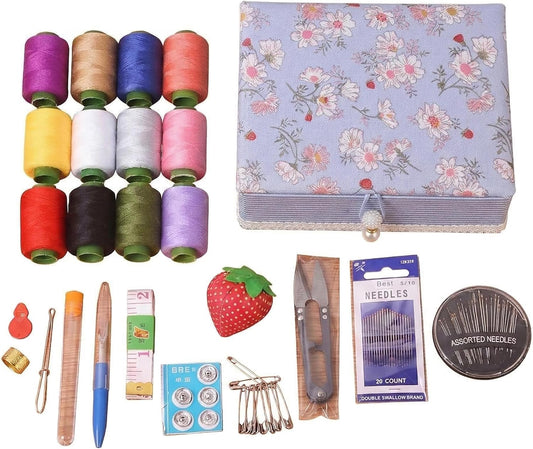 Vintage Hobby Sewing Kit with Floral Storage Box, 12 Thread Spools, Needles, Scissors, Pin Cushion, Pink (Pink)