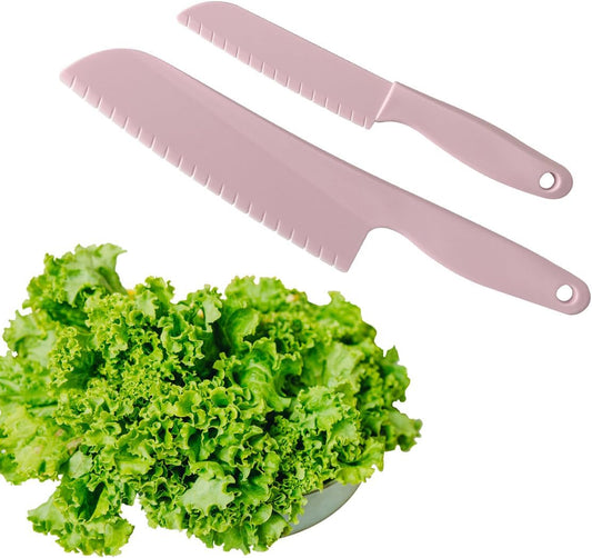 2Pcs pink Lettuce Knife Cutter Set,Professional kitchen Cooking plastic Serrated knife for Veggies, Salad,Fruit,Cake, Bread and More