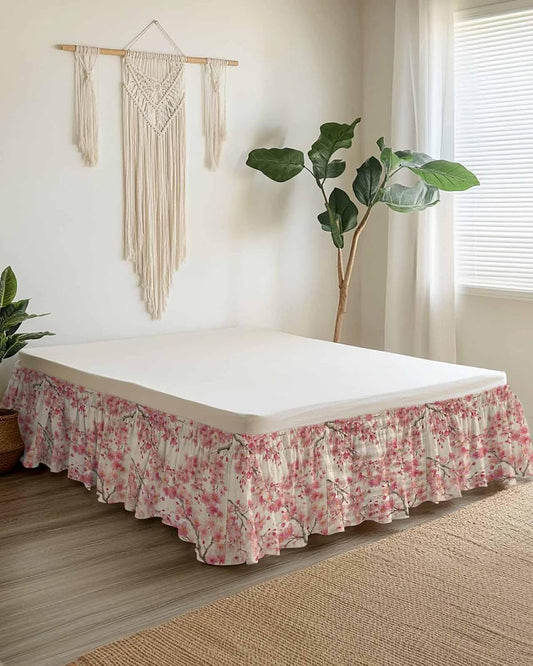 Peaches Branches Bed Skirt Queen Size 16 Inch Drop, Adjustable & Elastic Wrap Around Bed Skirts Pleated Dust Ruffles for Twin Full Queen Cal King Base Bed, Farmhouse Spring Botanical Pink Flowers