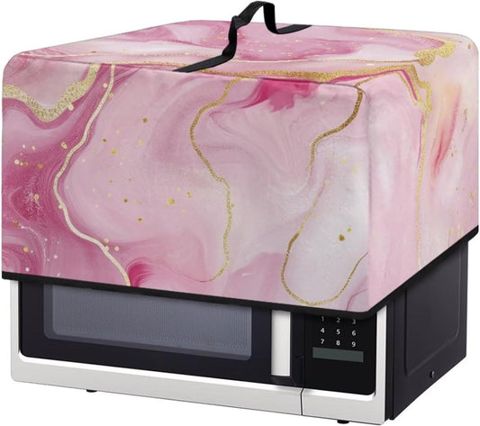 Pink Marble Microwave Cover โ Dustproof Floral Print Fabric Protector for Ovens & Small Appliances, Foldable & Lightweight with Top Handle