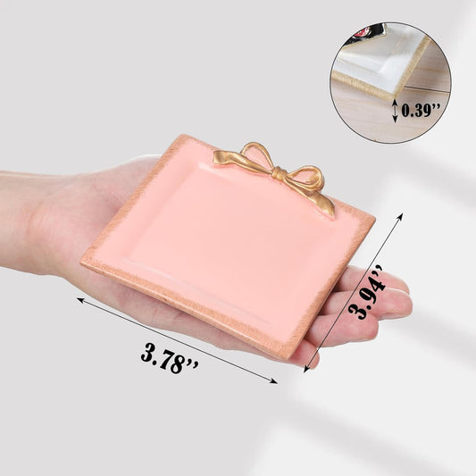 4 Inch Jewelry Tray for Home Decor Vintage Bow-Knot Trinket Dish for Bedroom Vintage Square Vanity Tray for Dresser Pink Jewelry Dish Tray for Rings Bracelets Earrings