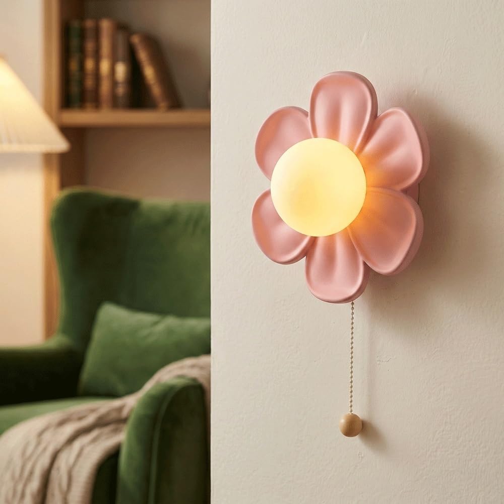Modern Flower Wall Sconce Lighting,Creative Pastel Petal LED Wall Lamp with Pull Chain Switch,Sconce for Kids Room, Bedroom, Nursery, Hallway Wall Decor