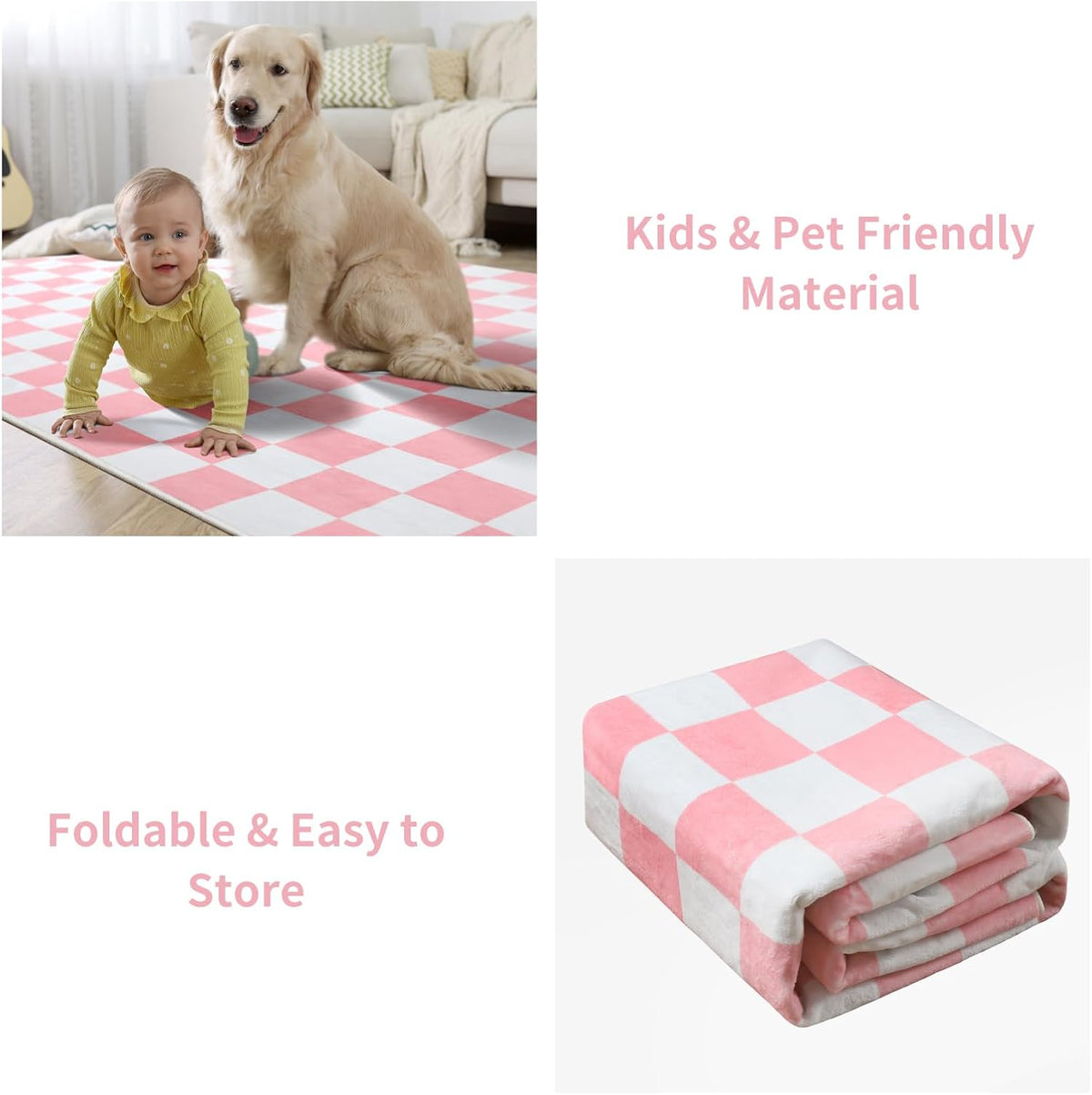 Terrug Pink and White Checkered Rug for Bedroom, 4x6 Washable Area Rugs