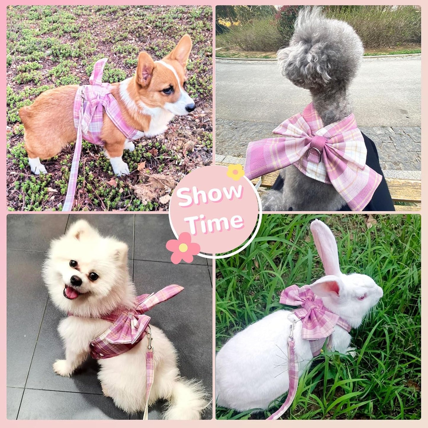 Cute Dog Harness and Leash Set with Bow Tie Soft Mesh Plaid Girl Puppy Harness No Pull Pet Cat Dog Vest Harness for Small Dogs Chihuahua Rabbit Outfit (Pink,S)