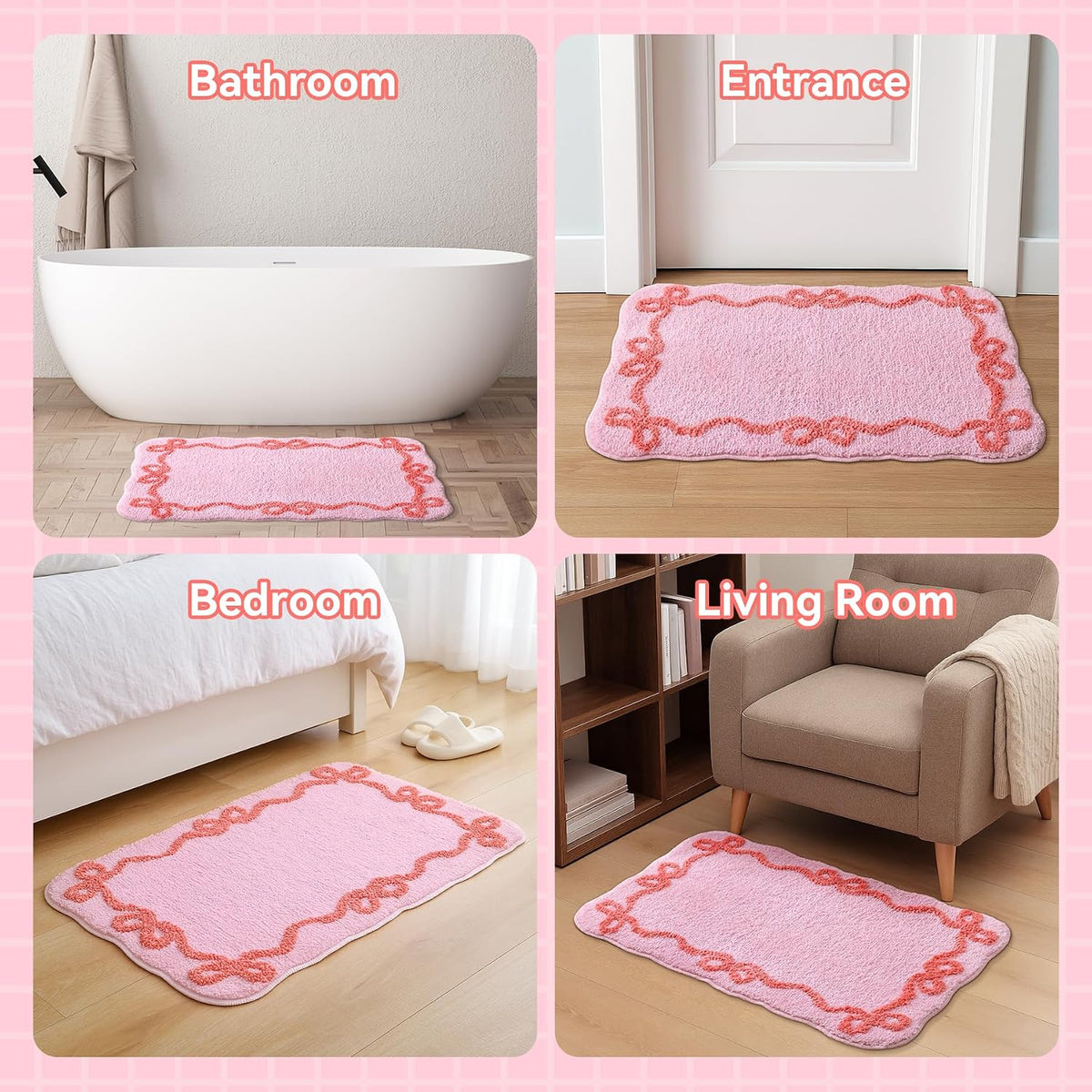 Pink Bow Bathroom Rugs, Cute Bow Bath Mat, 32 * 20 Inch