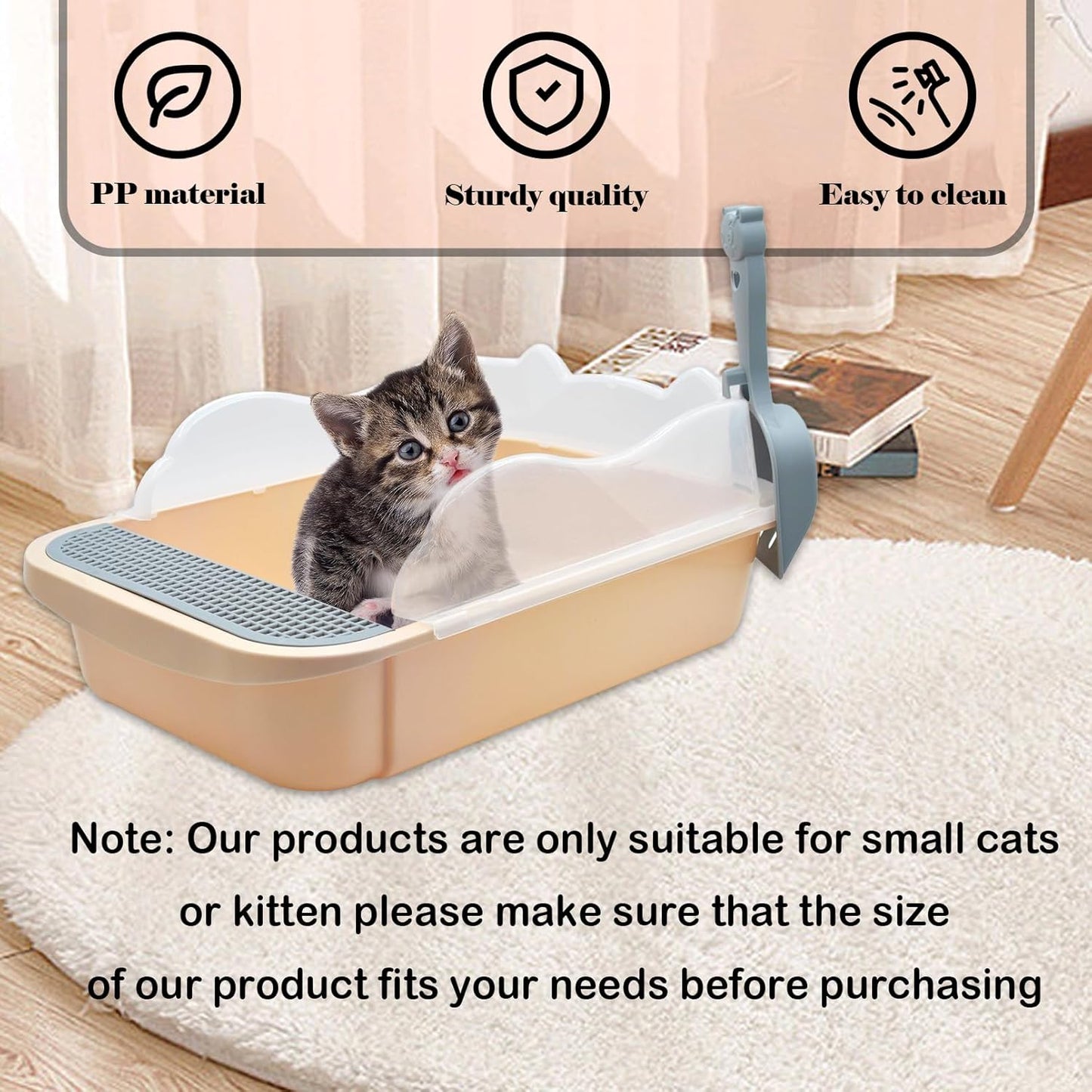 kathson Open Cat Litter Box with High Side,Anti-Splashing Cats Litter Pan Semi-Enclosed Removable Cats Litter Boxes with Litter Sifting Scoop Open Top Kitty Toilet for Easy to Clean(Khaki)