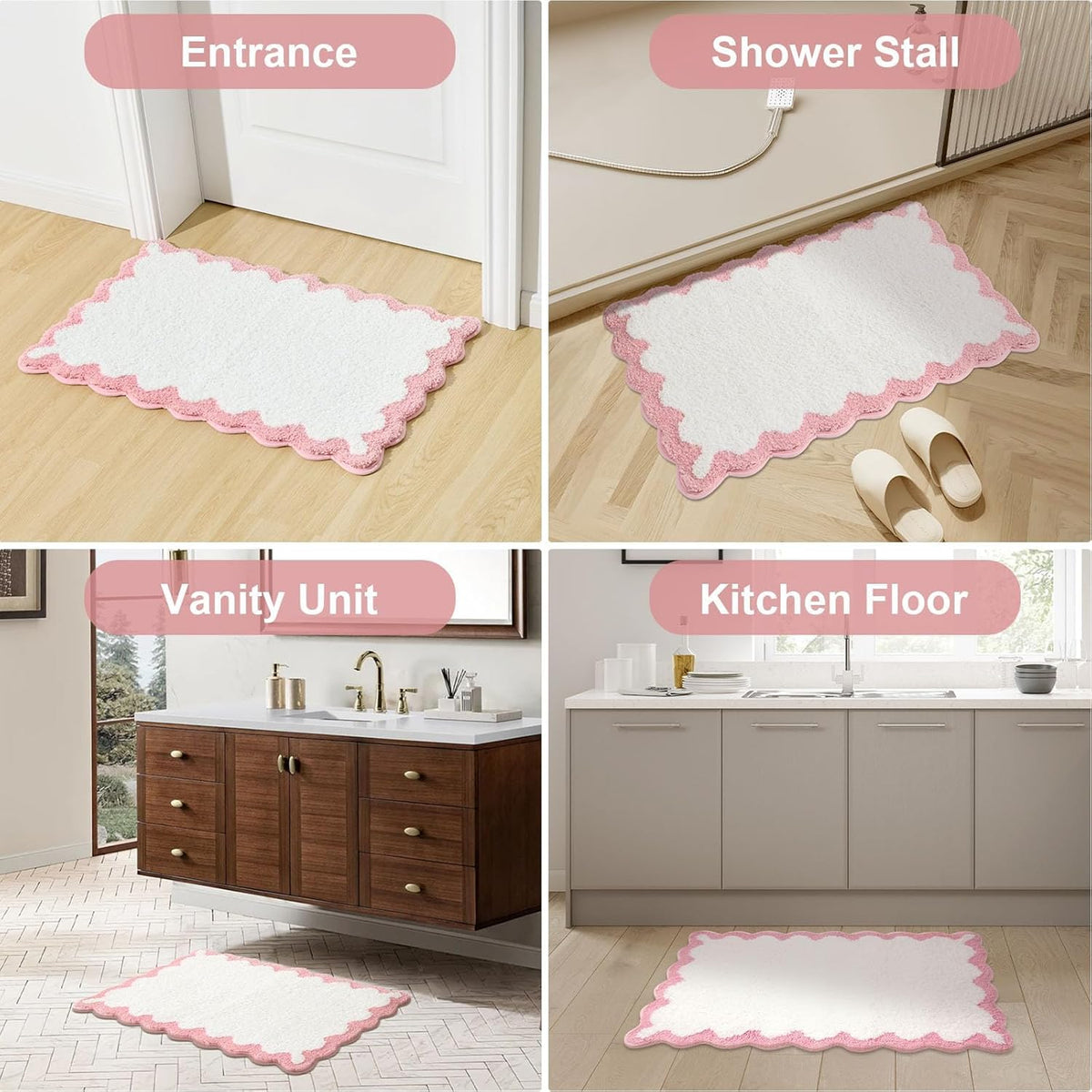 Small Cute Scalloped Bath Mat, White and Pink Plush Microfiber Scallop Bathroom Rugs Non Slip Washable Quick Dry Absorbent, Bathmat for Shower Stall Vanities Kitchen Floor Entrance, 17x24