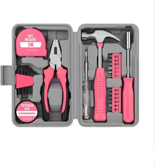 24 Piece Compact Tool Set Multi-functional Tool Pliers, Household Hardware, Home Repair Tool Kit with Storage Box for Home, DIY, Office, Garage (Pink 24-piece set)