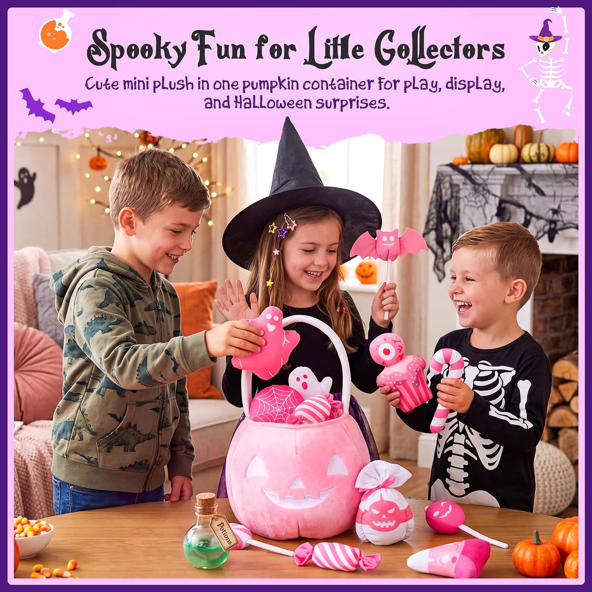 11 Pcs My First Plush Halloween Basket, Pumpkin Toys, Pink
