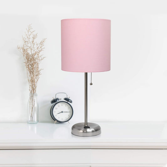 LT2024-LPK-2PK Two Pack Brushed Steel Stick Table Desk Lamp Set with Charging Outlet and Drum Fabric Shade for Living Room, Hallway, Nightstand, Office, Light Pink Shade