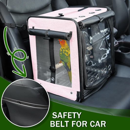 Bird Carrier with Seat Belt for Car Travel, Bird Backpack Carrier with Indestructible Stainless Steel Mesh, Large Bird Carrier Travel Cage, Pink