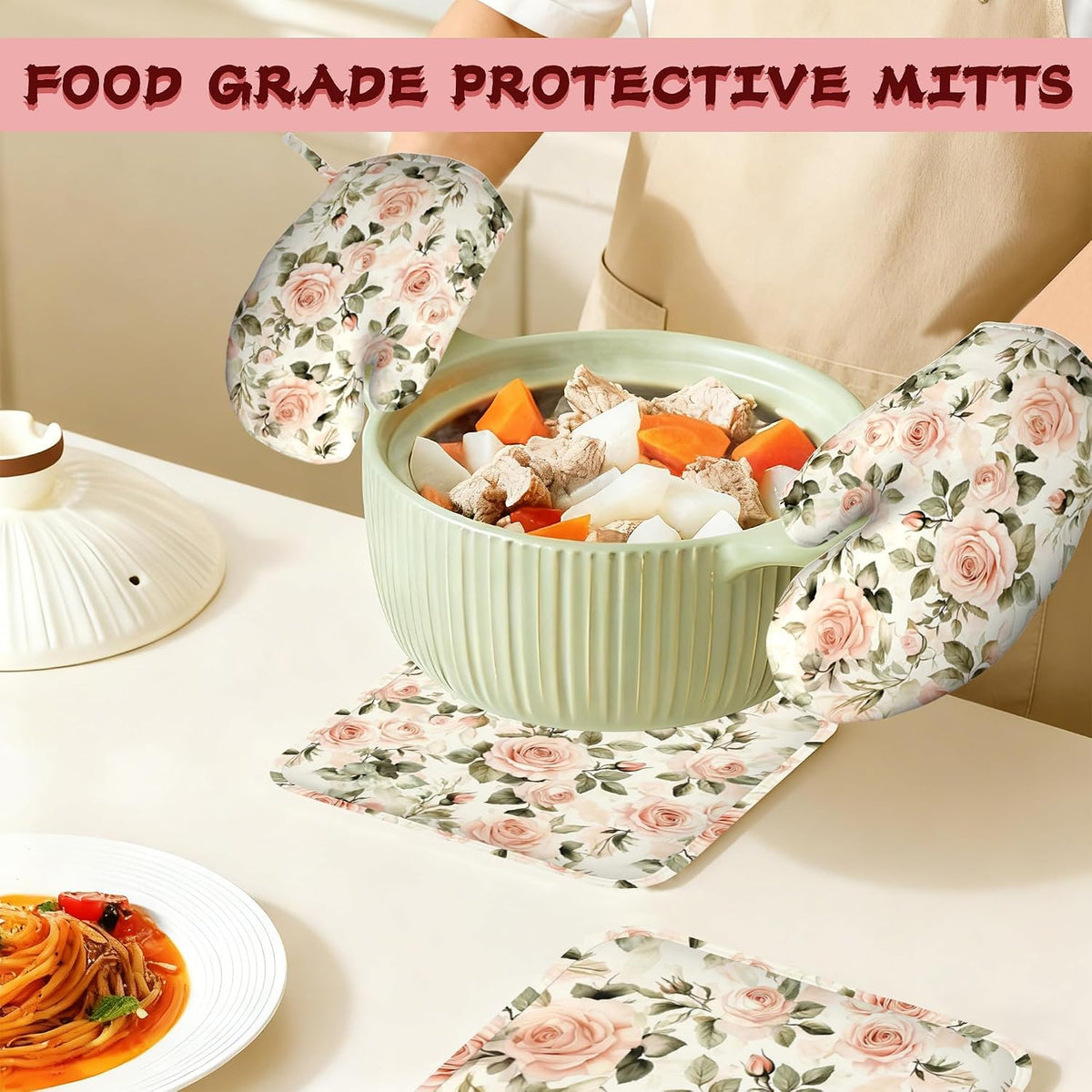 Vintage Pink Rose Oven Mitts and Pot Holders (4PCS),Heat Resistant Non-Slip Silicone Kitchen Gloves for Cooking, Baking, BBQ Waterproof Kitchen Accessories