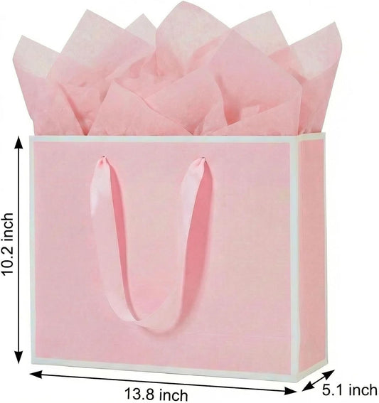 3 Sets Large Gift Bags with Handles, Pink& White, 13.8×10.2×5.1 IN | Paper Bags with Tissue Papers, Card & Envelope for Birthday, Party, Wedding, Shopping, Baby & Bridal Shower, Presents