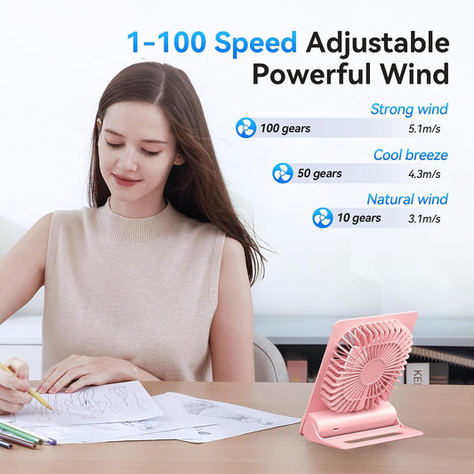 Desk Fan, 6.61''Ultra-thin Battery Powered Fan with Powerful Wind,100 Speeds Adjustable&Digital Display,Timer,Ultra-quiet Small Portable Fan for Bedroom,Office,Travel (Pink, 2000mAh)