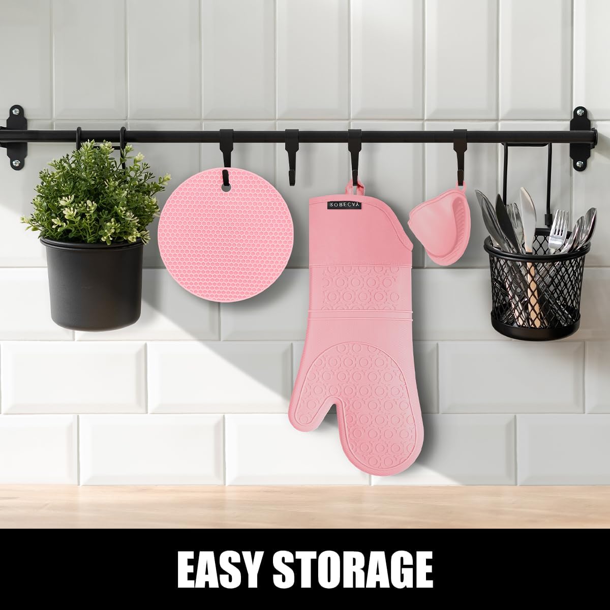 Silicone Oven Mitts and Pot Holders Sets, Gloves for Kitchen, Pink