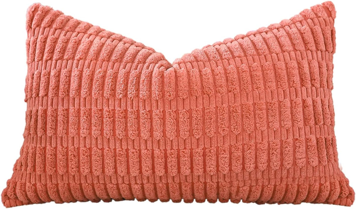 Corduroy Decorative Throw Pillow Covers 12x20 Inch Super Soft Boho Striped Rectangle Pillow Covers Case Modern Cushion Covers for Sofa Couch Bedroom Car Decor Coral