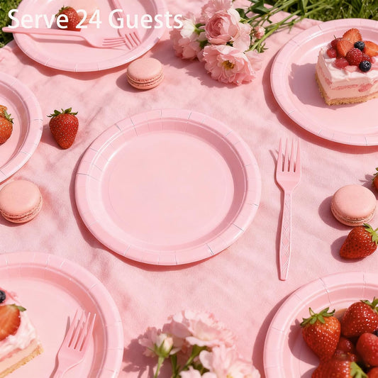 Pink Party Supplies Set Include Pink Plates Tablecloth and Forks, Tableware Set for 24 Guest Paper Plates for Baby Shower, Wedding, Birthday