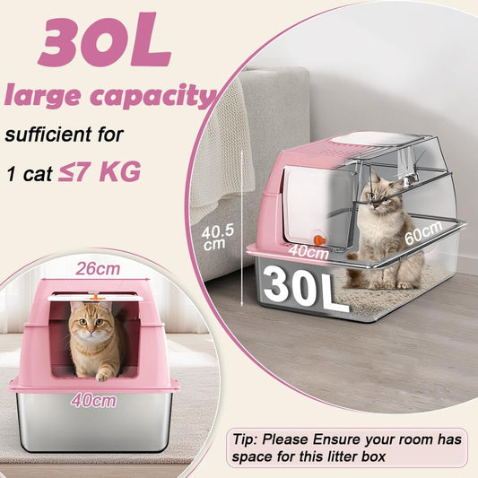 XL Stainless Steel Litter Box with Lid, Extra Large Metal Covered Litter Box, Stainless Box Easy Clean, Activated Charcoal Odor Control Design, Includes Litter Scoop & Mat & Step, Pink
